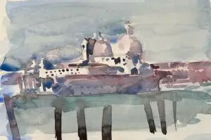 Aquarelle de la basilique Santa Maria della Salute à Venise, architecture blanche et dômes se reflétant dans les eaux de la lagune, tons bleus et mauves