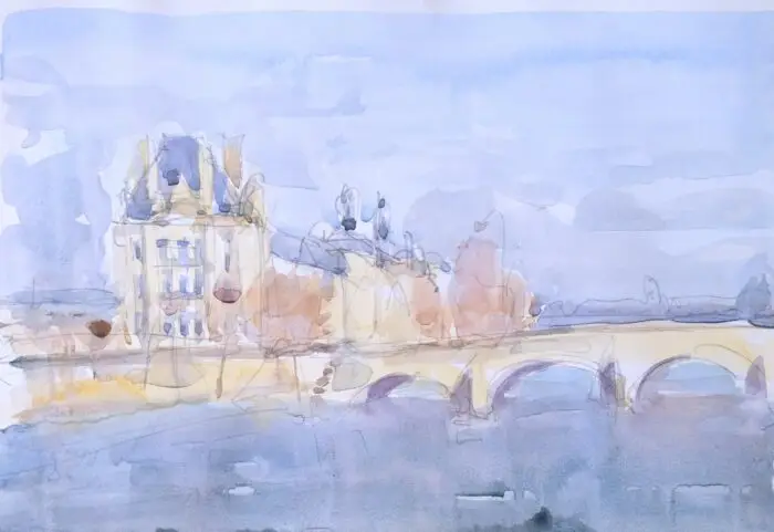 Aquarelle du Pont Royal à Paris en hiver, arches brumeuses et architecture parisienne aux tons pastel bleus et ocres