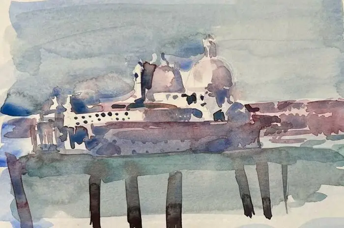 Aquarelle de la basilique Santa Maria della Salute à Venise, architecture blanche et dômes se reflétant dans les eaux de la lagune, tons bleus et mauves