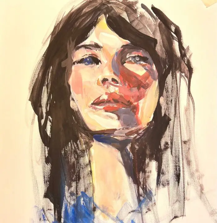 Portrait expressif d’une jeune femme aux longs cheveux bruns, peint à l’acrylique dans un style spontané.