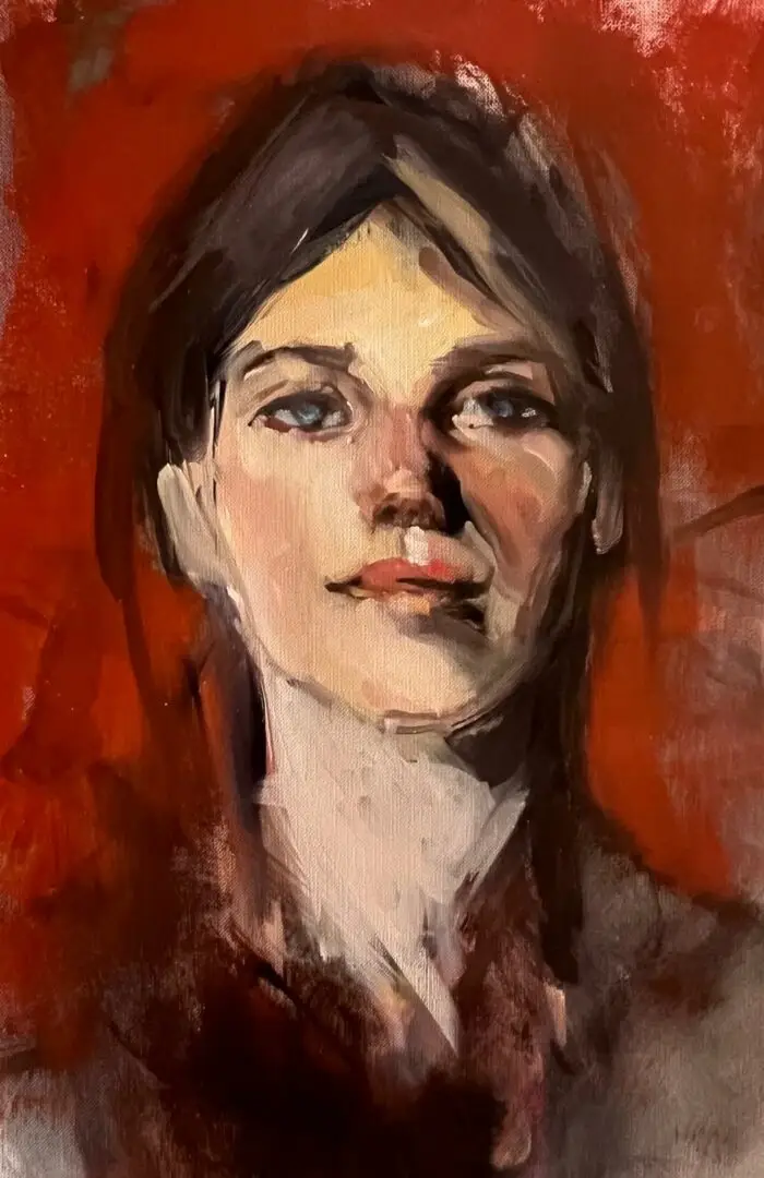 ortrait à l’huile d’une jeune femme au regard calme, fond rouge intense, pose courte en atelier.