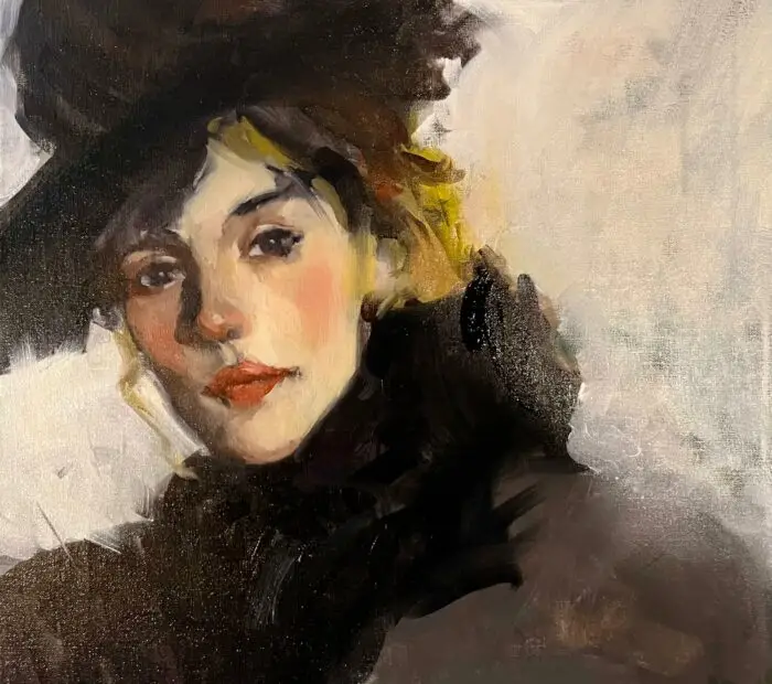Portrait à l’huile d’une jeune femme portant un chapeau et une tenue années 1930, sur fond neutre.