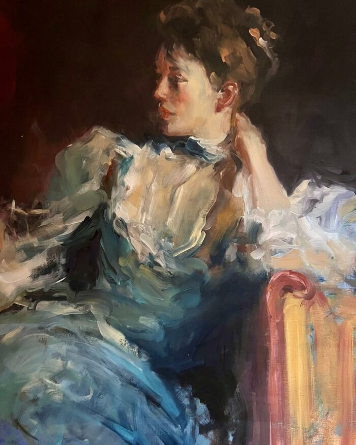 Portrait à l'huile d'une jeune femme en robe de soirée turquoise, technique expressionniste aux empâtements généreux