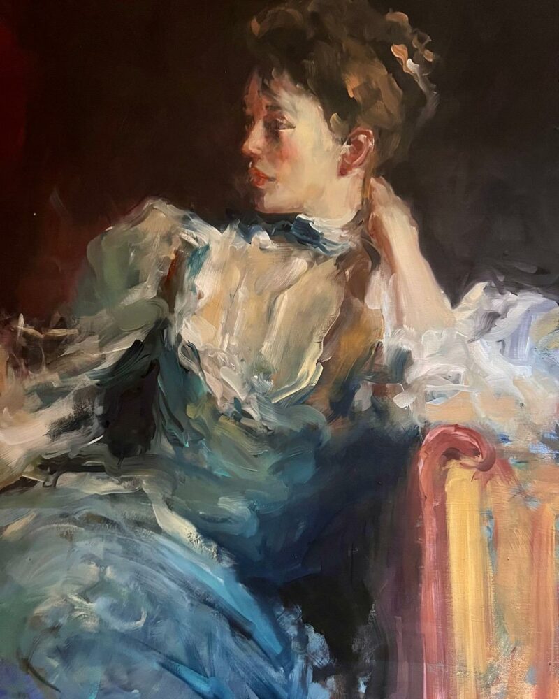 Femme en robe de soirée - Portrait à l'huile par Thierry Souccar